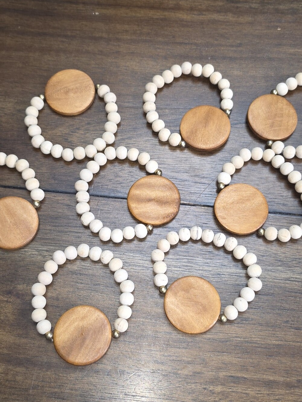 Handcrafted White Beaded Bracelet with Wooden Disc